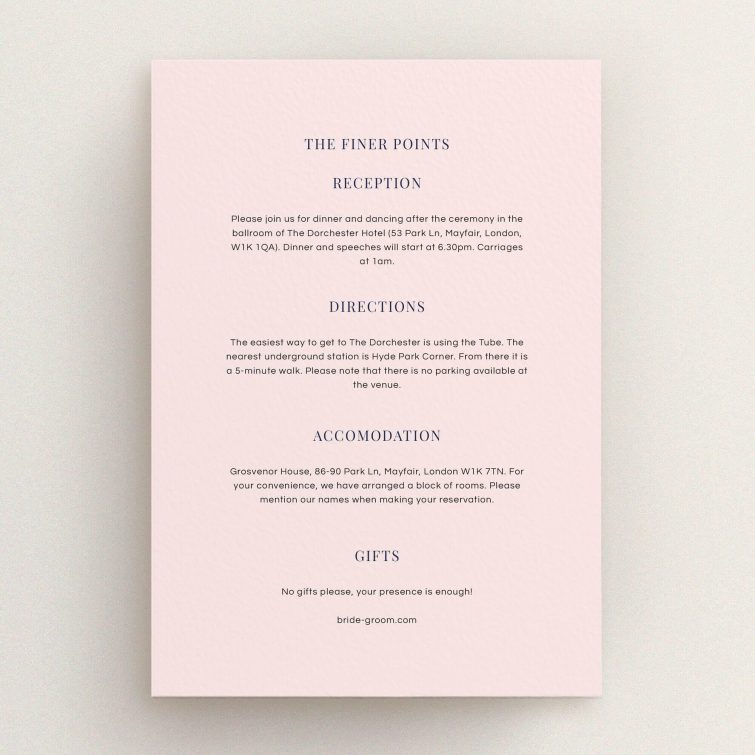 A wedding info sheet named "Harrison notch". It is an A5 card in a portrait orientation. "Harrison notch" is available as a flat card, with mainly light pink colouring.