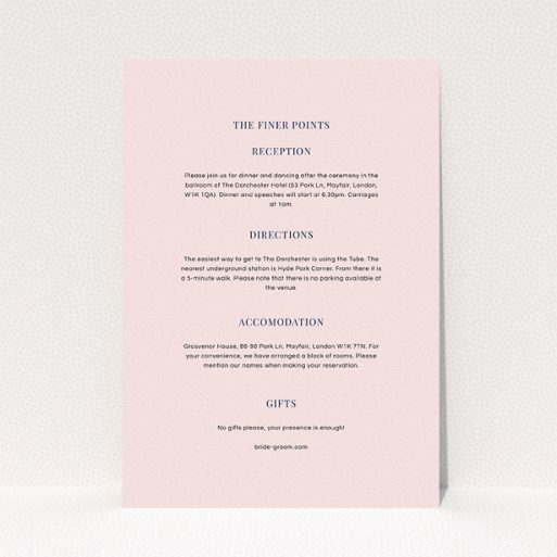 A wedding info sheet named "Harrison notch". It is an A5 card in a portrait orientation. "Harrison notch" is available as a flat card, with mainly light pink colouring.