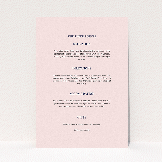 A wedding info sheet named "Harrison notch". It is an A5 card in a portrait orientation. "Harrison notch" is available as a flat card, with mainly light pink colouring.