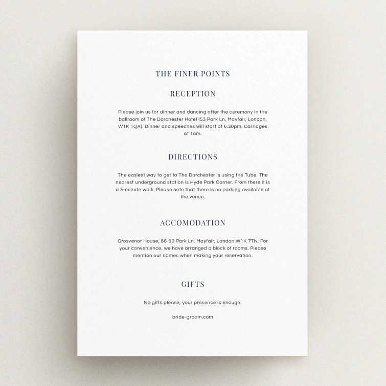 A wedding info sheet design named "Harrison notch". It is an A5 card in a portrait orientation. "Harrison notch" is available as a flat card, with mainly white colouring.