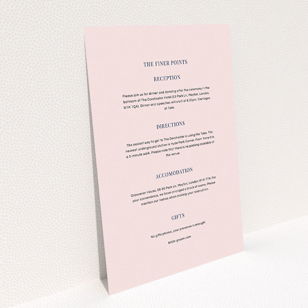 A wedding info sheet named "Harrison notch". It is an A5 card in a portrait orientation. "Harrison notch" is available as a flat card, with mainly light pink colouring.