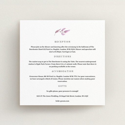 Wedding Info Sheet Design - "Hues of Blue" A wedding info sheet design named "Hues of Blue". It is a square (148mm x 148mm) card in a square orientation. "Hues of Blue" is available as a flat card, with tones of white and pink.