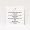 A wedding info sheet design named "Hues of Blue". It is a square (148mm x 148mm) card in a square orientation. "Hues of Blue" is available as a flat card, with tones of white and pink.