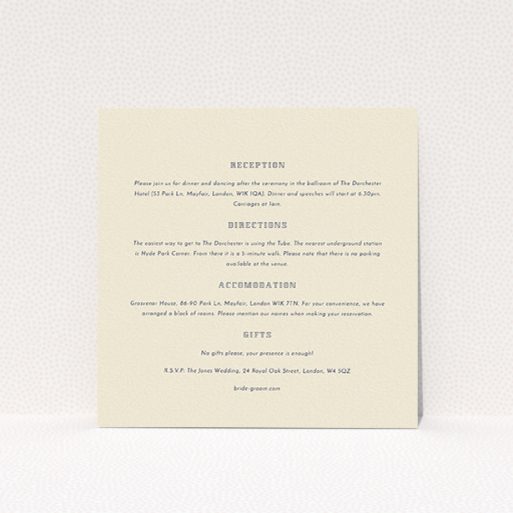 A wedding info sheet design titled "In between the lines square". It is a square (148mm x 148mm) card in a square orientation. "In between the lines square" is available as a flat card, with mainly cream colouring.