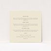 A wedding info sheet design titled "In between the lines square". It is a square (148mm x 148mm) card in a square orientation. "In between the lines square" is available as a flat card, with mainly cream colouring.