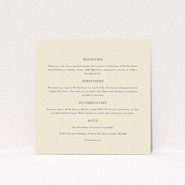 A wedding info sheet design titled "In between the lines square". It is a square (148mm x 148mm) card in a square orientation. "In between the lines square" is available as a flat card, with mainly cream colouring.