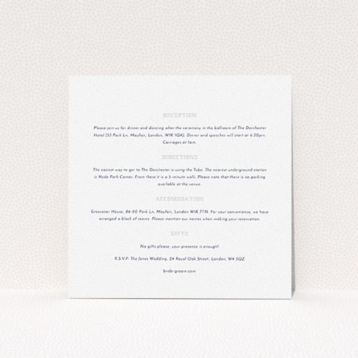 A wedding info sheet named "In between the lines square". It is a square (148mm x 148mm) card in a square orientation. "In between the lines square" is available as a flat card, with mainly white colouring.