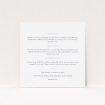 A wedding info sheet named "In between the lines square". It is a square (148mm x 148mm) card in a square orientation. "In between the lines square" is available as a flat card, with mainly white colouring.