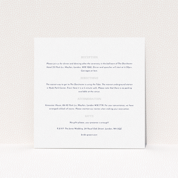 A wedding info sheet named "In between the lines square". It is a square (148mm x 148mm) card in a square orientation. "In between the lines square" is available as a flat card, with mainly white colouring.