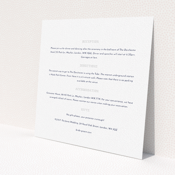 A wedding info sheet named "In between the lines square". It is a square (148mm x 148mm) card in a square orientation. "In between the lines square" is available as a flat card, with mainly white colouring.