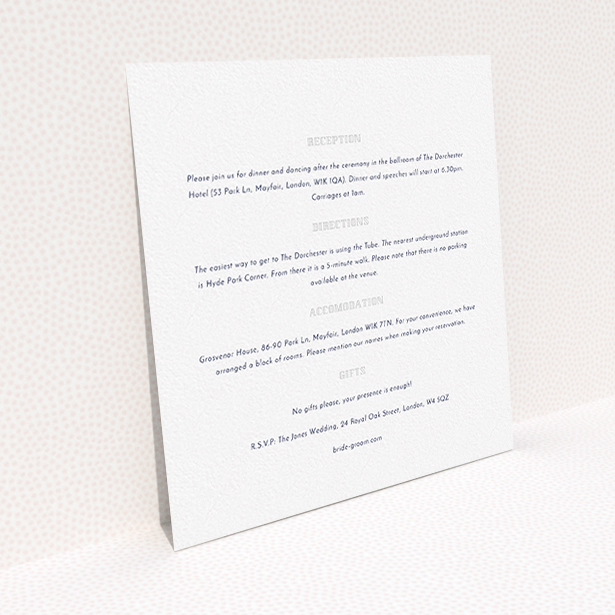 A wedding info sheet named "In between the lines square". It is a square (148mm x 148mm) card in a square orientation. "In between the lines square" is available as a flat card, with mainly white colouring.