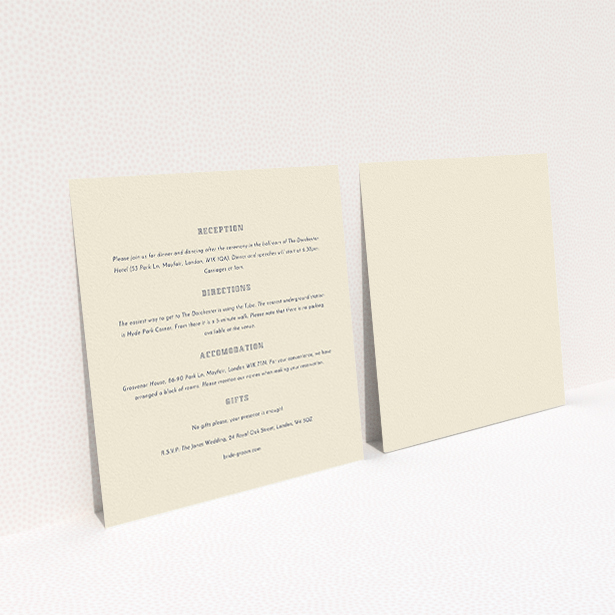 A wedding info sheet design titled "In between the lines square". It is a square (148mm x 148mm) card in a square orientation. "In between the lines square" is available as a flat card, with mainly cream colouring.