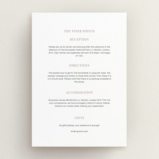 Wedding Information Insert Sheets - Initials Here (Pink And White) A wedding info sheet called "Initials here". It is an A5 card in a portrait orientation. "Initials here" is available as a flat card, with mainly white colouring.