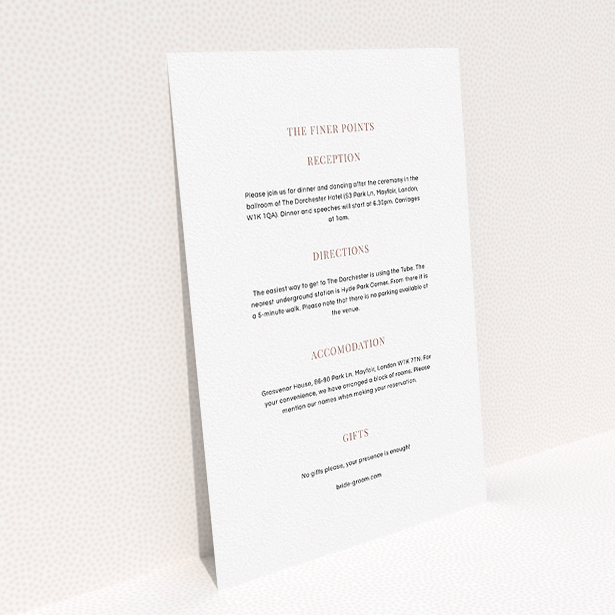 A wedding info sheet called "Initials here". It is an A5 card in a portrait orientation. "Initials here" is available as a flat card, with mainly white colouring.