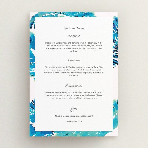 Wedding Info Sheet Design - "Jungle bloom" A wedding info sheet design named "Jungle bloom". It is an A5 card in a portrait orientation. "Jungle bloom" is available as a flat card, with tones of blue and white.
