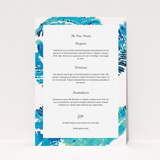 A wedding info sheet design named "Jungle bloom". It is an A5 card in a portrait orientation. "Jungle bloom" is available as a flat card, with tones of blue and white.