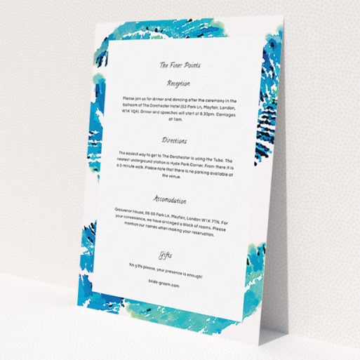 A wedding info sheet design named 'Jungle bloom'. It is an A5 card in a portrait orientation. 'Jungle bloom' is available as a flat card, with tones of blue and white.