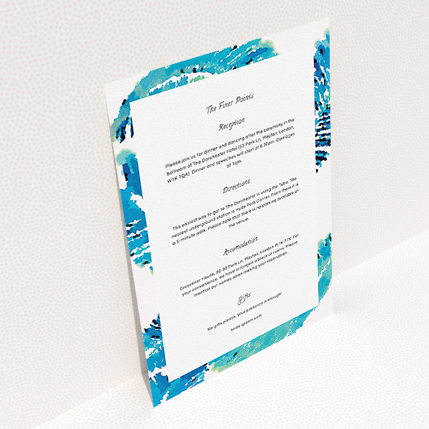 A wedding info sheet design named "Jungle bloom". It is an A5 card in a portrait orientation. "Jungle bloom" is available as a flat card, with tones of blue and white.