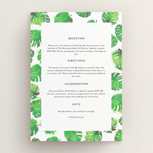 Wedding Info Sheet Design - "Jungle Sky" A wedding info sheet design titled "Jungle Sky". It is an A5 card in a portrait orientation. "Jungle Sky" is available as a flat card, with mainly green colouring.
