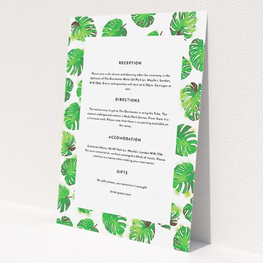 A wedding info sheet design titled 'Jungle Sky'. It is an A5 card in a portrait orientation. 'Jungle Sky' is available as a flat card, with mainly green colouring.