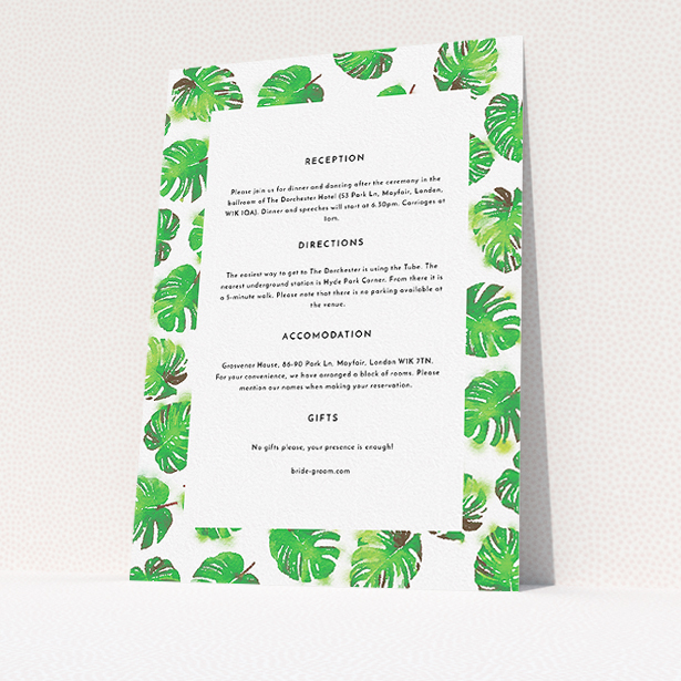 A wedding info sheet design titled "Jungle Sky". It is an A5 card in a portrait orientation. "Jungle Sky" is available as a flat card, with mainly green colouring.