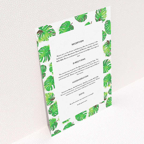 A wedding info sheet design titled "Jungle Sky". It is an A5 card in a portrait orientation. "Jungle Sky" is available as a flat card, with mainly green colouring.