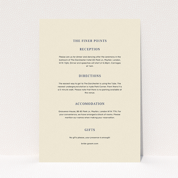 A wedding info sheet design named "Laydown simple". It is an A5 card in a portrait orientation. "Laydown simple" is available as a flat card, with mainly cream colouring.