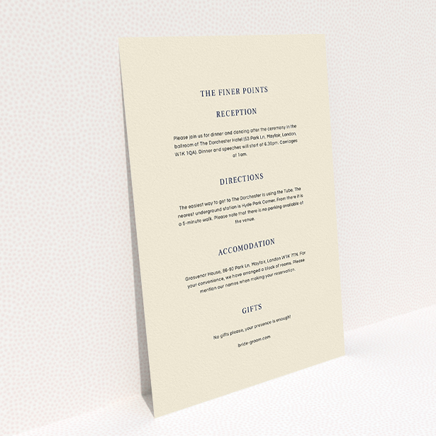 A wedding info sheet design named "Laydown simple". It is an A5 card in a portrait orientation. "Laydown simple" is available as a flat card, with mainly cream colouring.