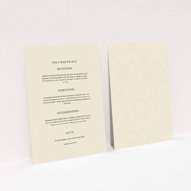 A wedding info sheet design named "Laydown simple". It is an A5 card in a portrait orientation. "Laydown simple" is available as a flat card, with mainly cream colouring.