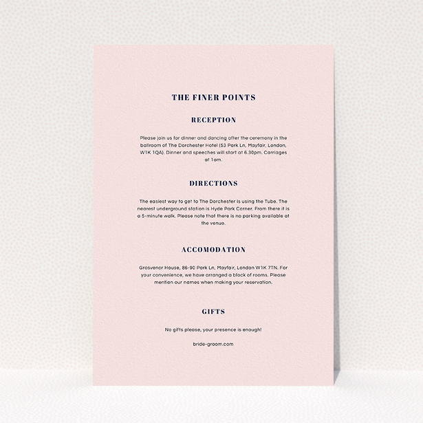 A wedding info sheet called "Lines with a thick border". It is an A5 card in a portrait orientation. "Lines with a thick border" is available as a flat card, with mainly light pink colouring.