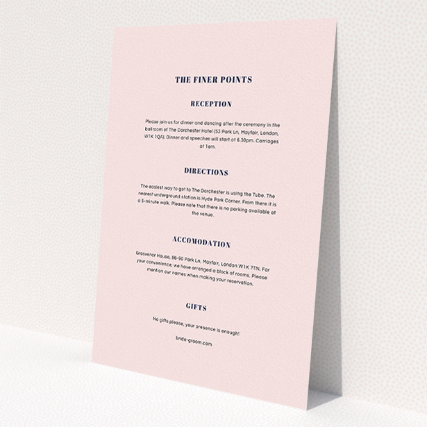 A wedding info sheet called "Lines with a thick border". It is an A5 card in a portrait orientation. "Lines with a thick border" is available as a flat card, with mainly light pink colouring.