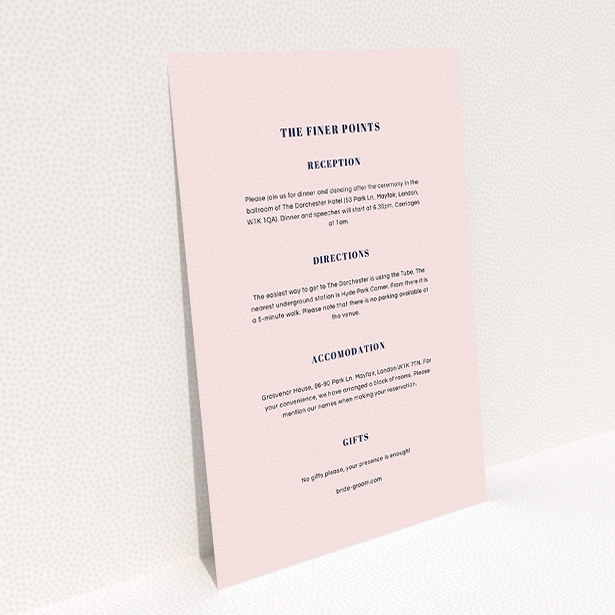 A wedding info sheet called "Lines with a thick border". It is an A5 card in a portrait orientation. "Lines with a thick border" is available as a flat card, with mainly light pink colouring.