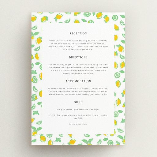 Wedding Info Sheet Design - "Madeira" A wedding info sheet called "Madeira". It is an A5 card in a portrait orientation. "Madeira" is available as a flat card, with tones of white and yellow.