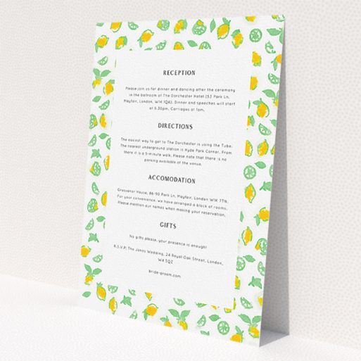 A wedding info sheet called 'Madeira'. It is an A5 card in a portrait orientation. 'Madeira' is available as a flat card, with tones of white and yellow.