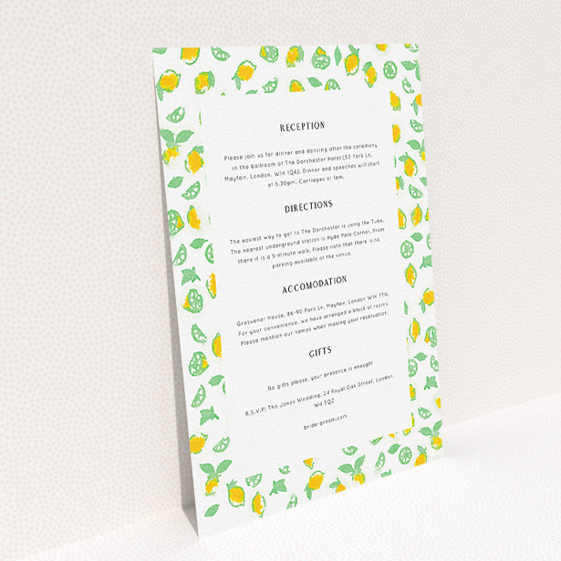 A wedding info sheet called "Madeira". It is an A5 card in a portrait orientation. "Madeira" is available as a flat card, with tones of white and yellow.