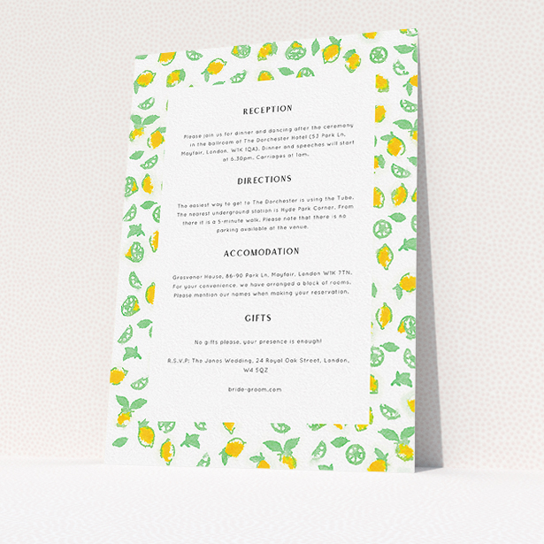 A wedding info sheet called "Madeira". It is an A5 card in a portrait orientation. "Madeira" is available as a flat card, with tones of white and yellow.
