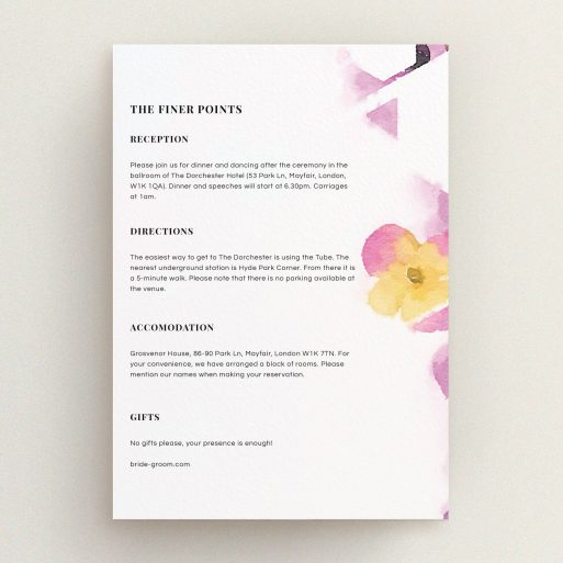 Wedding Info Sheet Design - "Modern bouquet" A wedding info sheet design named "Modern bouquet". It is an A5 card in a portrait orientation. "Modern bouquet" is available as a flat card, with mainly light pink colouring.