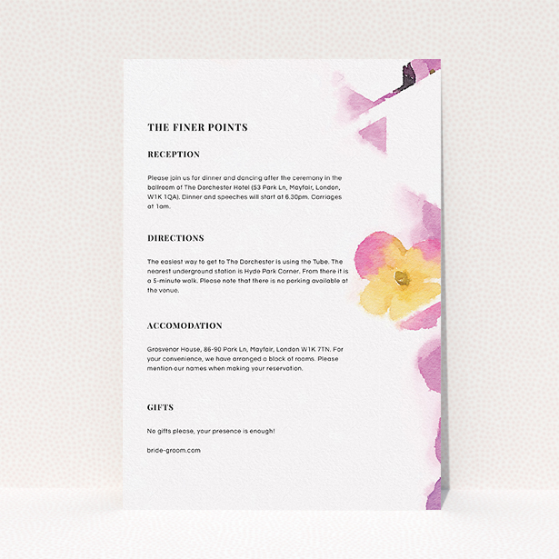 A wedding info sheet design named "Modern bouquet". It is an A5 card in a portrait orientation. "Modern bouquet" is available as a flat card, with mainly light pink colouring.