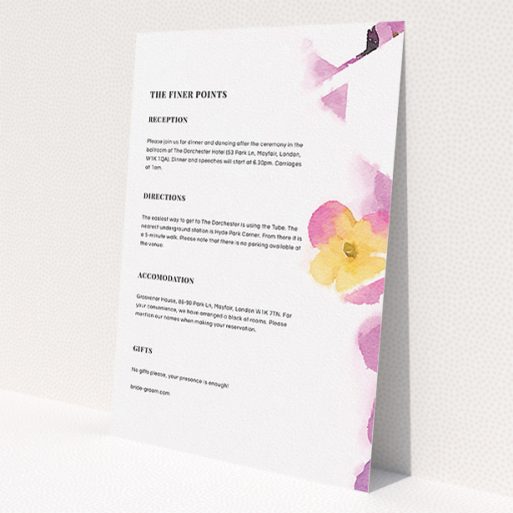 A wedding info sheet design named 'Modern bouquet'. It is an A5 card in a portrait orientation. 'Modern bouquet' is available as a flat card, with mainly light pink colouring.