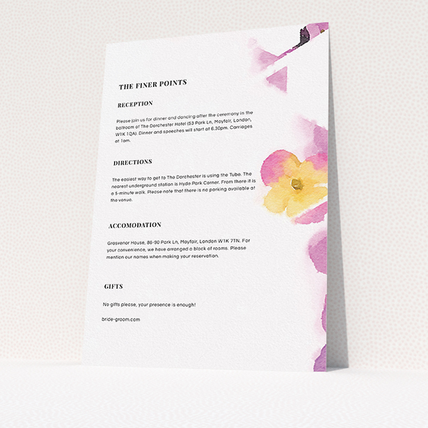 A wedding info sheet design named "Modern bouquet". It is an A5 card in a portrait orientation. "Modern bouquet" is available as a flat card, with mainly light pink colouring.