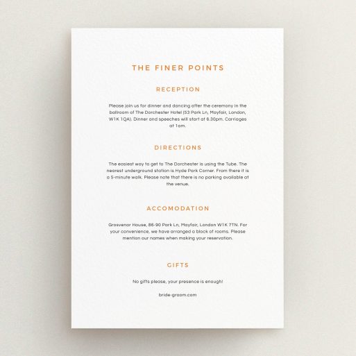 Wedding Information Insert Sheets - My Little Penguin (Orange) A wedding info sheet design called "My little penguin". It is an A5 card in a portrait orientation. "My little penguin" is available as a flat card, with mainly white colouring.