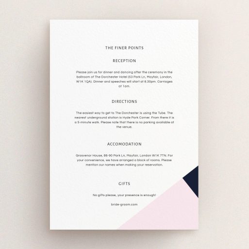 Wedding Info Sheet Design - "New York photos" A wedding info sheet design titled "New York photos". It is an A5 card in a portrait orientation. "New York photos" is available as a flat card, with tones of white and pink.