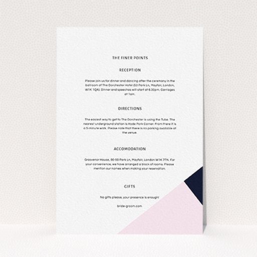 A wedding info sheet design named "New York photos". It is an A6 card in a portrait orientation. "New York photos" is available as a flat card, with tones of white and pink.