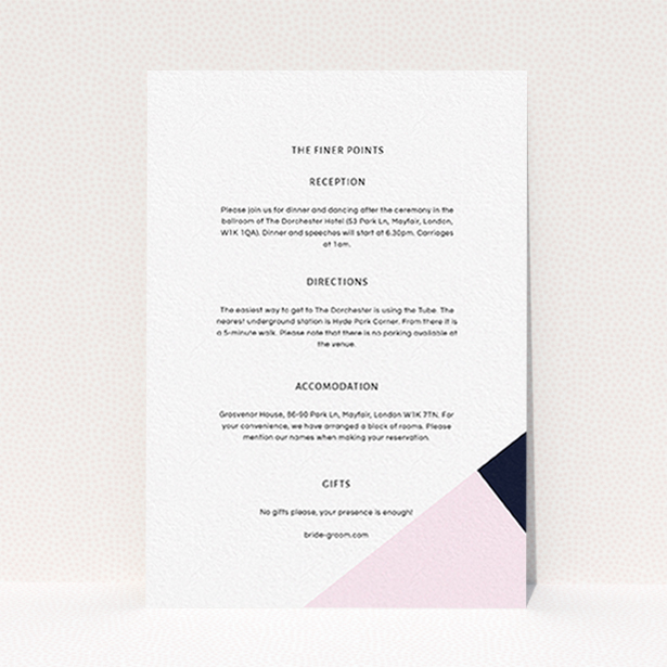 A wedding info sheet design named "New York photos". It is an A6 card in a portrait orientation. "New York photos" is available as a flat card, with tones of white and pink.