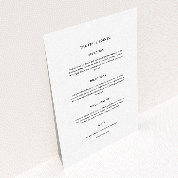 A wedding info sheet called "Nice and square". It is an A5 card in a portrait orientation. "Nice and square" is available as a flat card, with mainly white colouring.