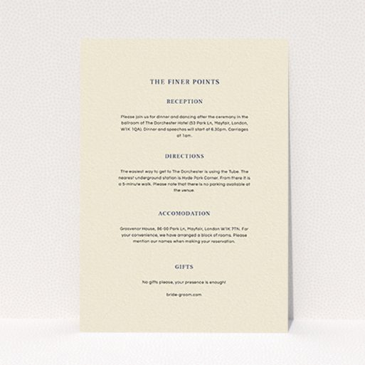 A wedding info sheet design titled "Nice and square". It is an A6 card in a portrait orientation. "Nice and square" is available as a flat card, with mainly cream colouring.