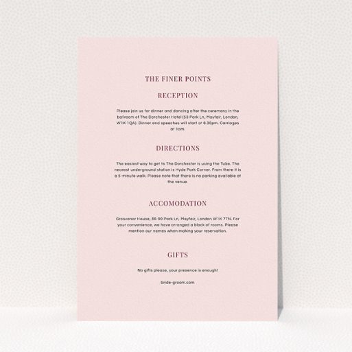 A wedding info sheet design titled "North Star". It is an A5 card in a portrait orientation. "North Star" is available as a flat card, with mainly light pink colouring.