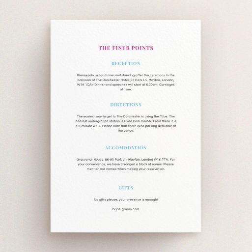Wedding Information Insert Sheets - North Star (Vibrant Pink) A wedding info sheet template titled "North Star". It is an A5 card in a portrait orientation. "North Star" is available as a flat card, with mainly white colouring.