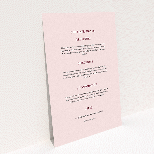 A wedding info sheet design titled "North Star". It is an A5 card in a portrait orientation. "North Star" is available as a flat card, with mainly light pink colouring.