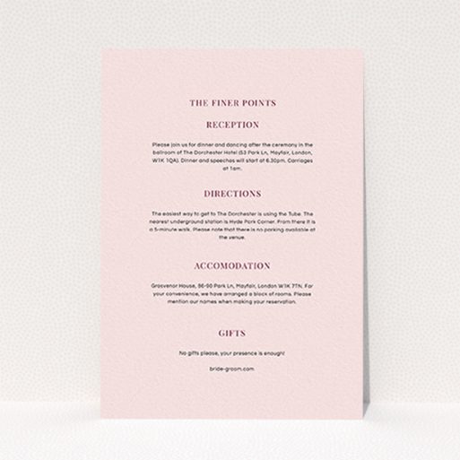 A wedding info sheet design called "North Star". It is an A6 card in a portrait orientation. "North Star" is available as a flat card, with mainly light pink colouring.